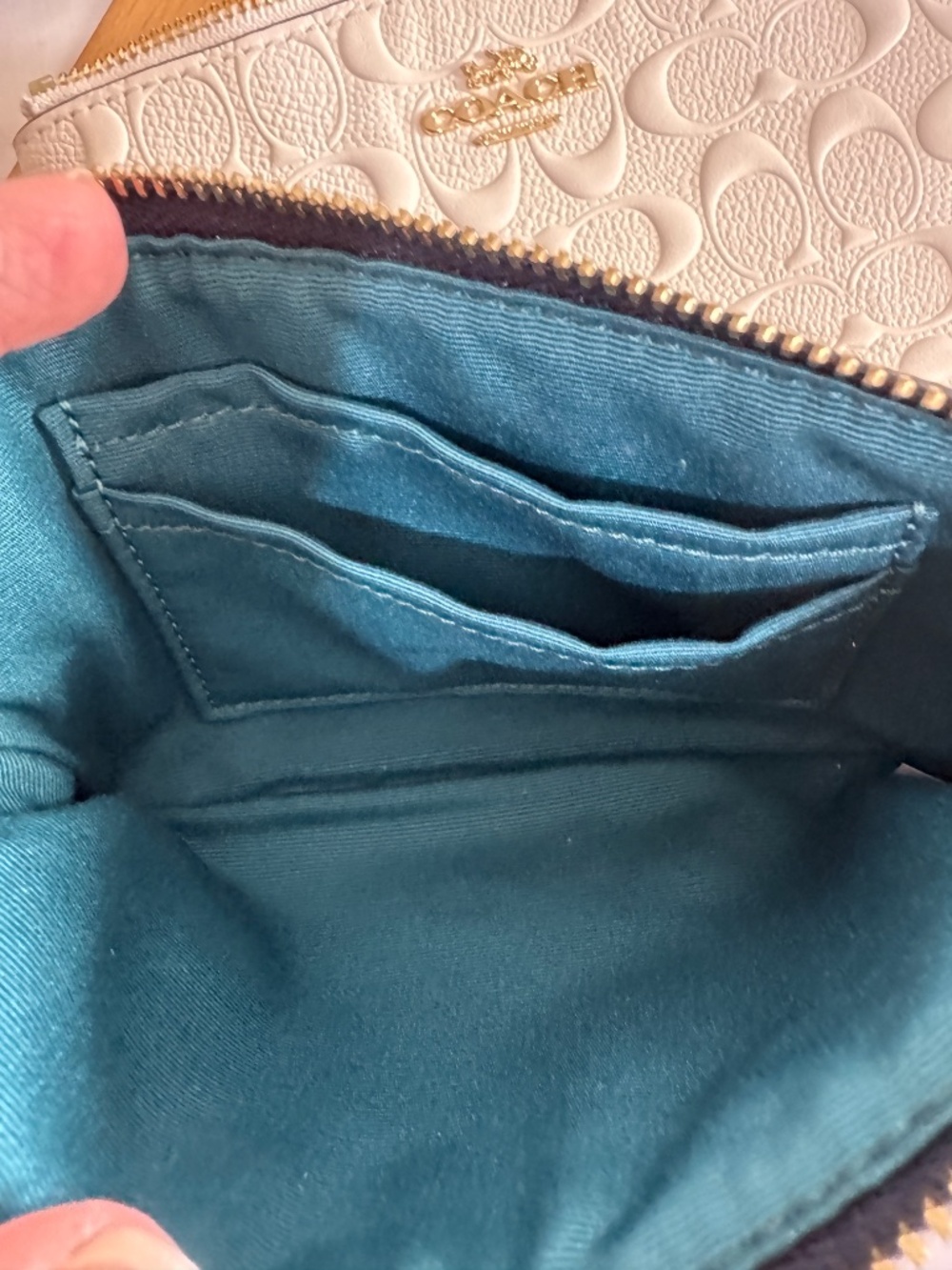Coach Wristlet Tan/Brown monogram with teal and blue stripes and navy blue strap - Picture 7 of 7
